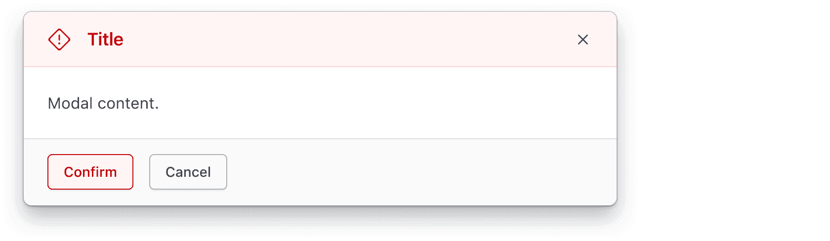 A critical modal, the heading is dark red with a light red background and the primary button in the footer is also red.
